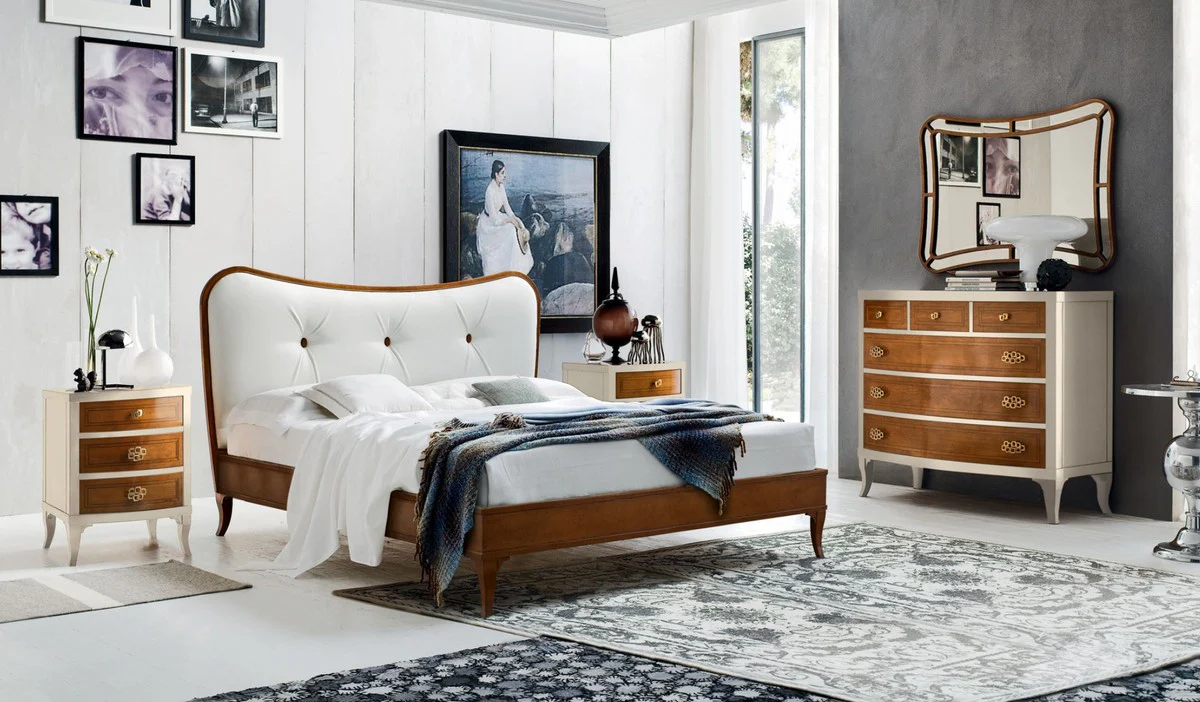 Luxury Biedermeier double bed brown / white 182 x 214 x H. 120 cm - solid wood bed with real leather headboard - bedroom furniture - luxury quality