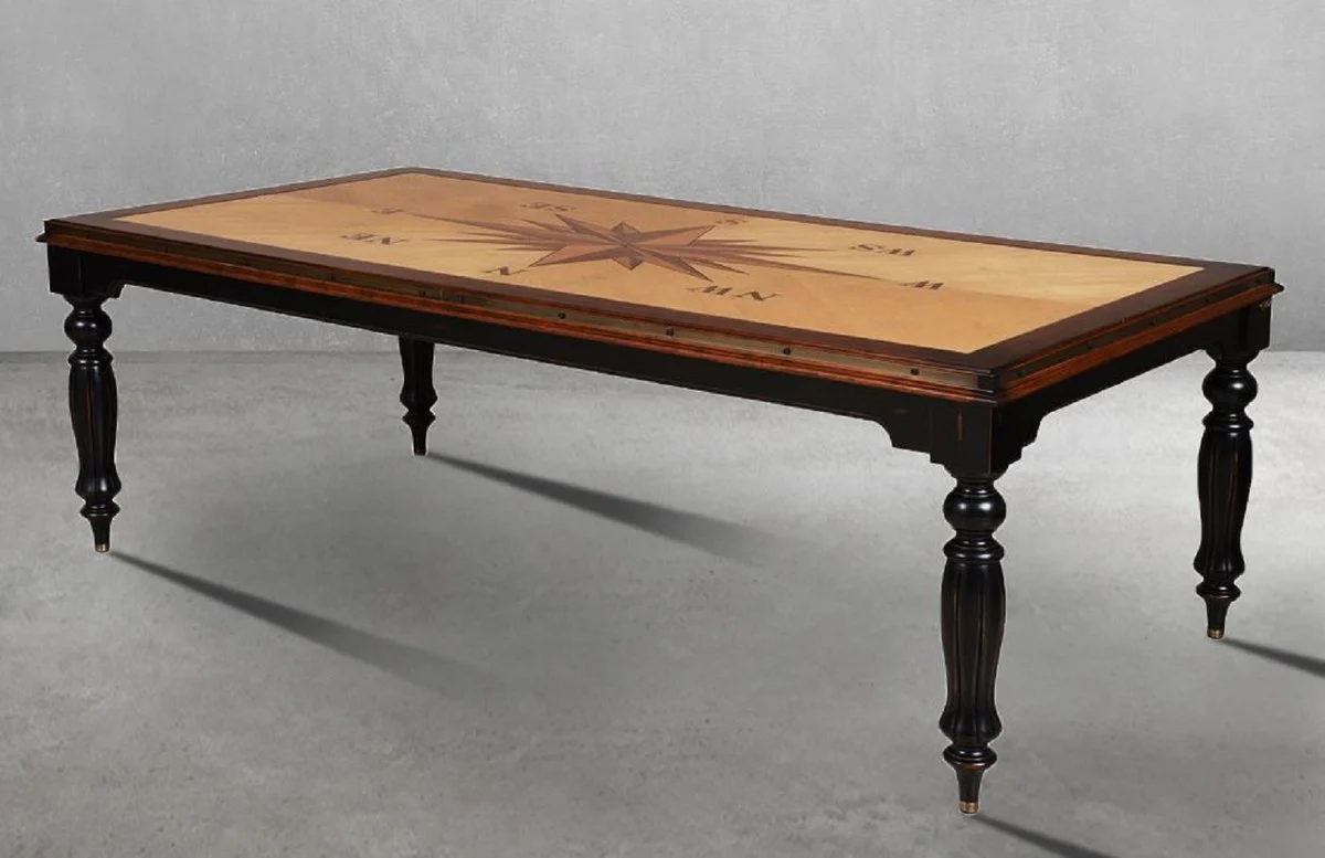 Luxury vintage style dining table natural colors / brown / black 240 x 120.5 x H. 77.5 cm - Rectangular solid wood dining room table - Dining room furniture - Vintage style furniture - Luxury furniture