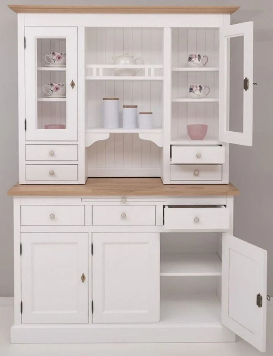 Country house style kitchen cabinet white / natural colors 138 x 50 x H. 197 cm - 2-part kitchen cabinet with 5 doors and 7 drawers - country house style kitchen furniture