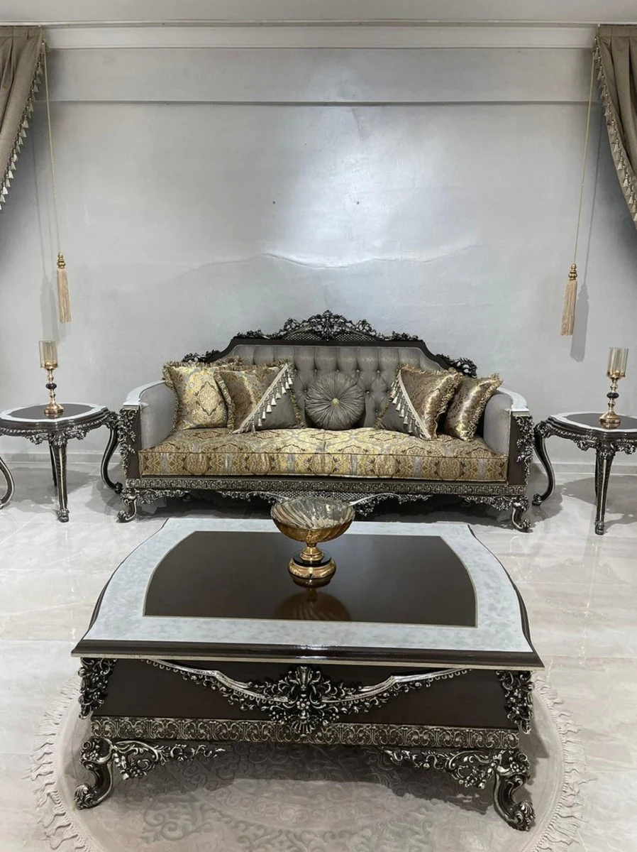 Luxus Barock Wohnzimmer Set Silber / Gold / Weiß / Schwarz / Silber - 2 Barock Sofas & 2 Barock Sessel & 1 Barock Couchtisch - Luxus Wohnzimmer Möbel im Barockstil - Barock Möbel