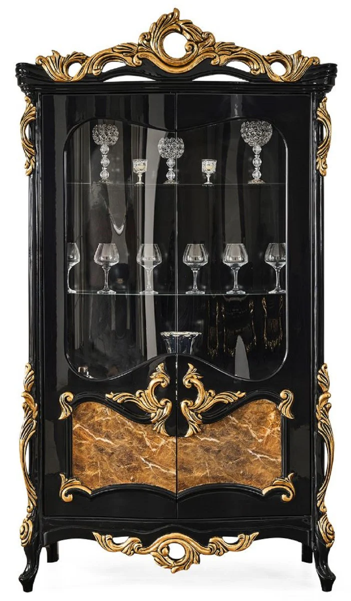 Luxury baroque display cabinet black / brown / gold 156 x 50 x H. 220 cm - magnificent solid wood display cabinet with 2 glass doors - baroque furniture