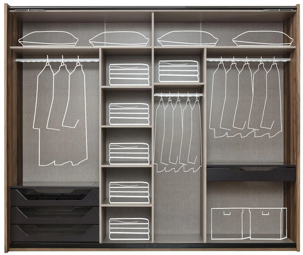 Luxury bedroom wardrobe brown 260 x 70 x H. 220 cm - Modern solid wood wardrobe with 2 sliding doors - Luxury bedroom furniture