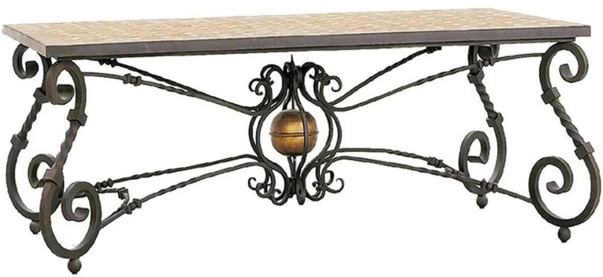 Luxury baroque dining table beige / gray / brass - handmade wrought iron garden table with natural stone mosaic tiles table top - garden patio dining room furniture