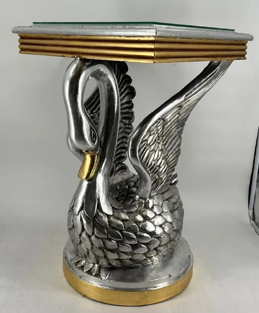 Baroque side table swan with glass top silver / gold H. 78 cm - Baroque furniture