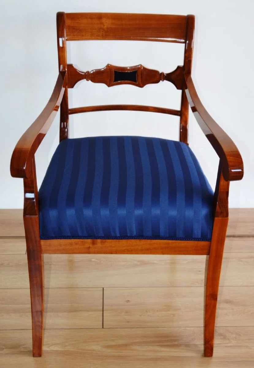 Luxury Biedermeier dining room chair with armrests and stripes brown / blue 58 x H. 92 cm - Solid wood kitchen chair - Solid wood dining room furniture - Biedermeier dining room furniture