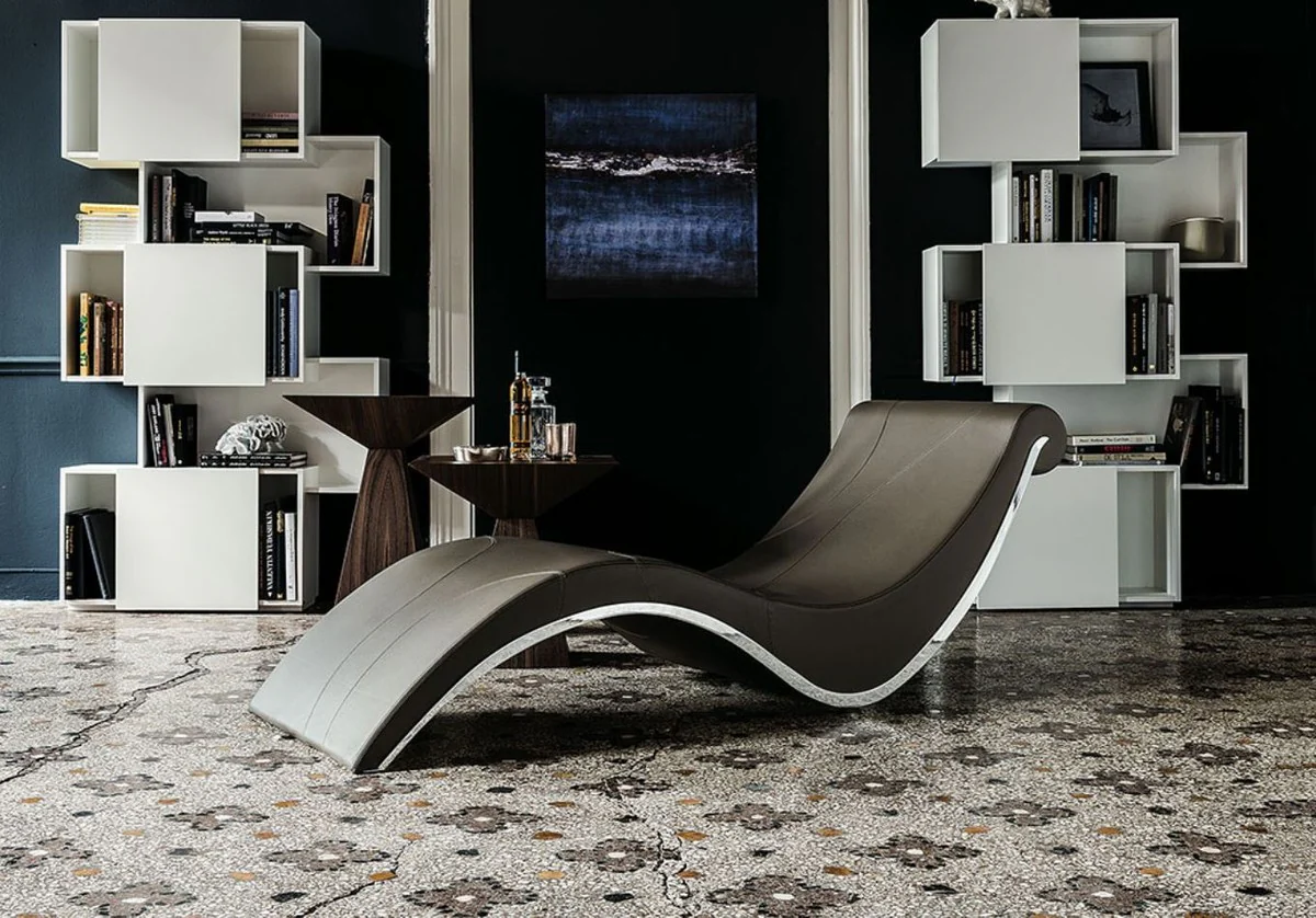 Luxury designer lounge chair with wheels brown / silver 200 x 70 x H. 70 cm - Elegant faux leather chaise longue - Relax armchair - Relax lounger - Luxury living room furniture