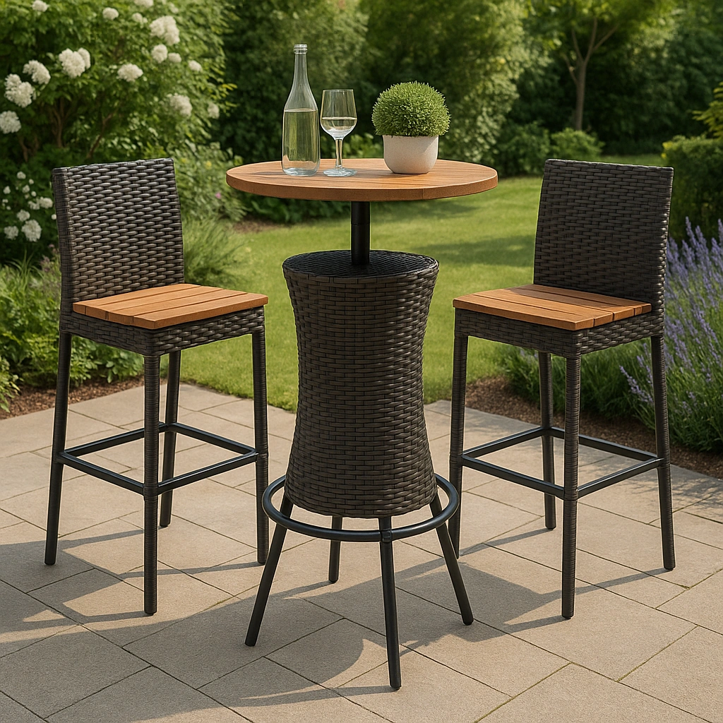 Bar-Set mit Tisch und Hockern, braun/schwarz, aus synthetischem Rattan, für die Terrasse