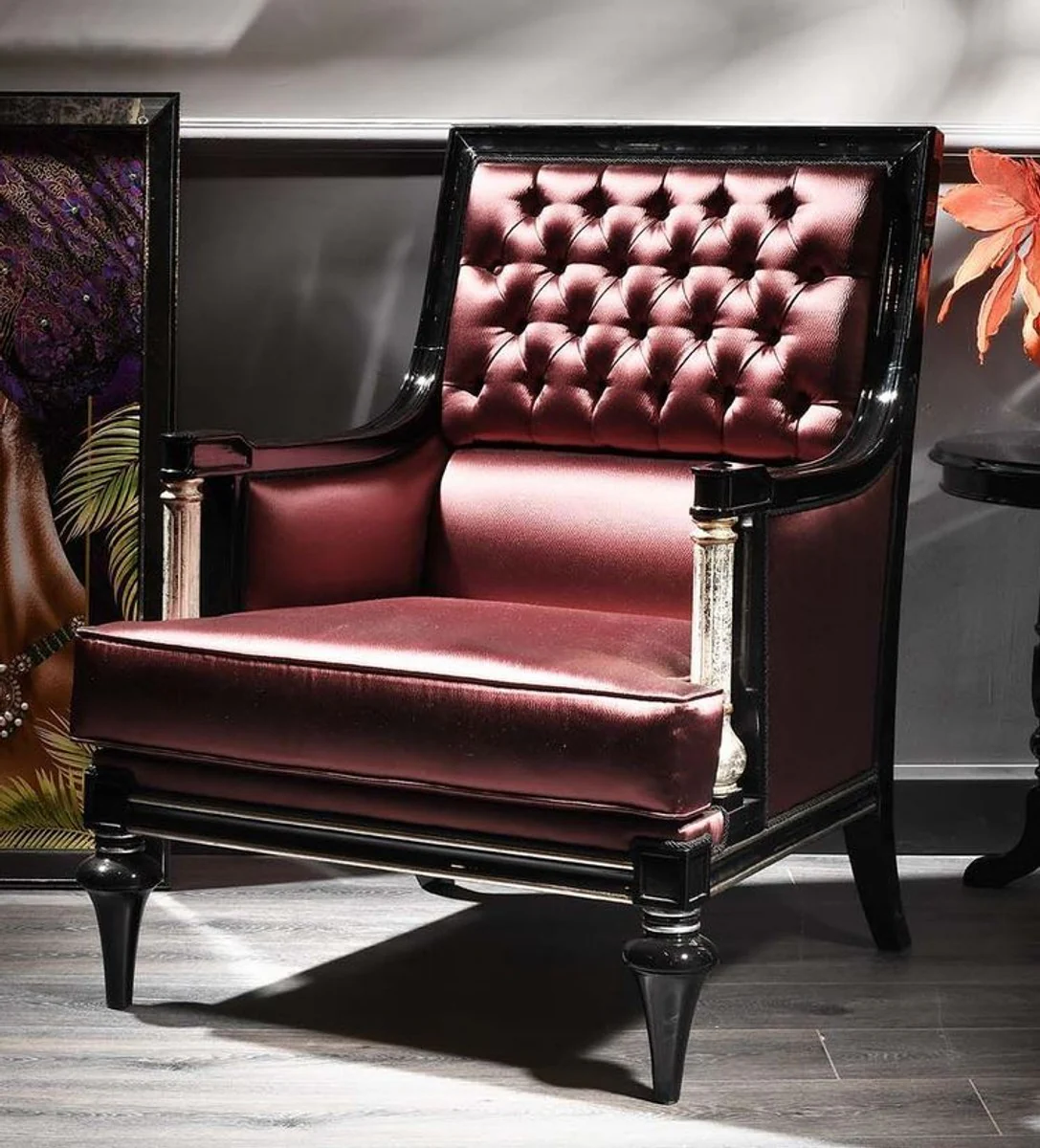Luxury Baroque living room leather armchair Bordeaux red / black / silver 76 x 75 x H. 104 cm - Baroque furniture