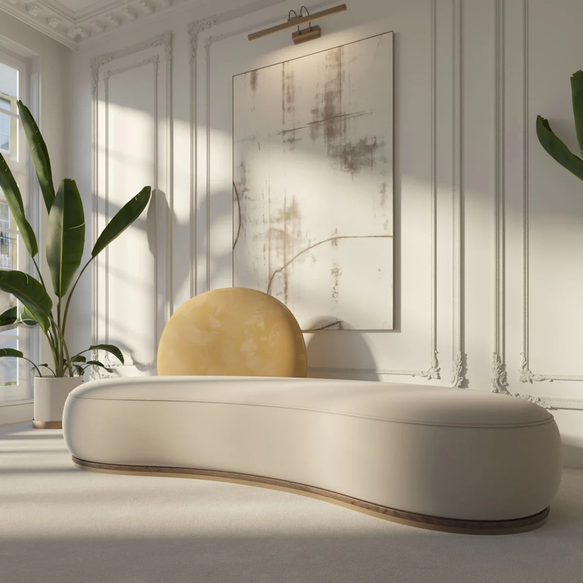 Luxury velvet sofa gray / beige / brown / brass 230 x 100 x H. 86 cm - Curved living room sofa - Hotel sofa - Living room furniture - Hotel furniture - Luxury furniture