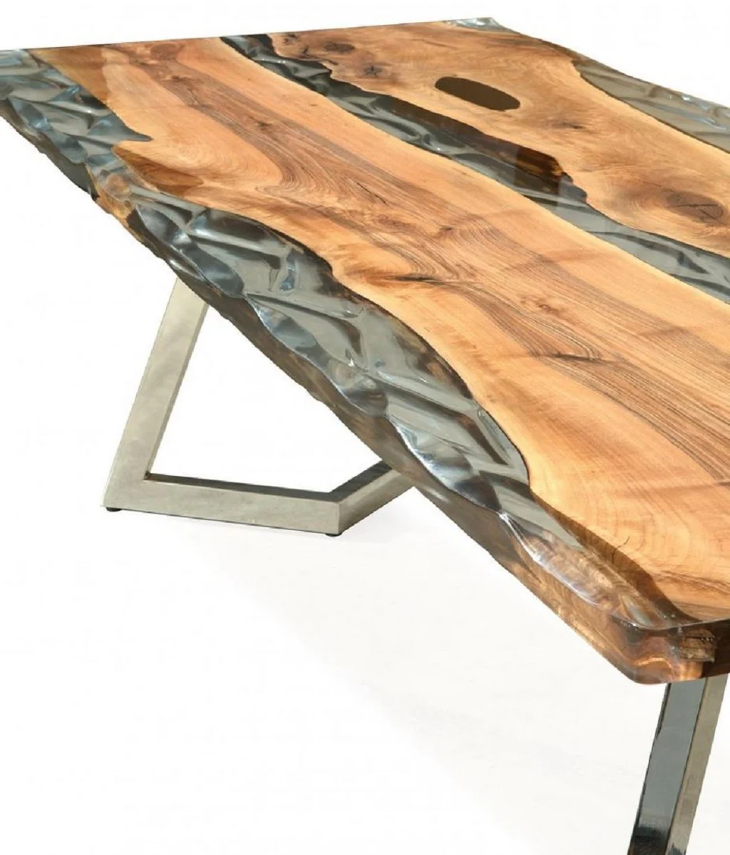 Luxury dining table brown / silver 230 x 100 x H. 76 cm - Rectangular kitchen table with epoxy resin - Dining room furniture - Epoxy resin furniture - Luxury furniture