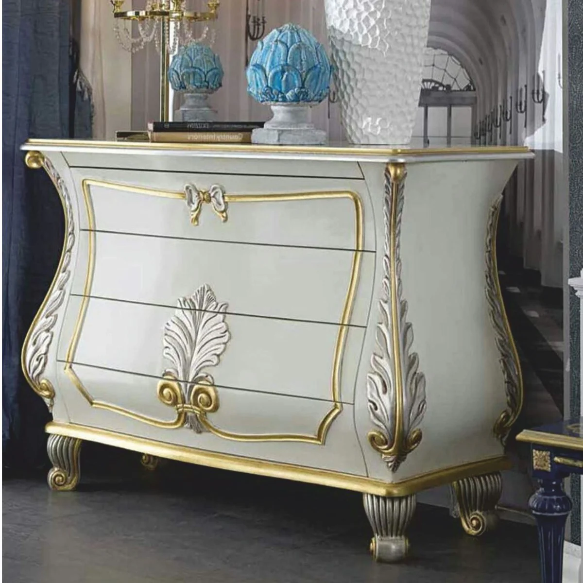 Luxus Barock Kommode Weiß / Silber / Gold 135 cm - Made in Italy