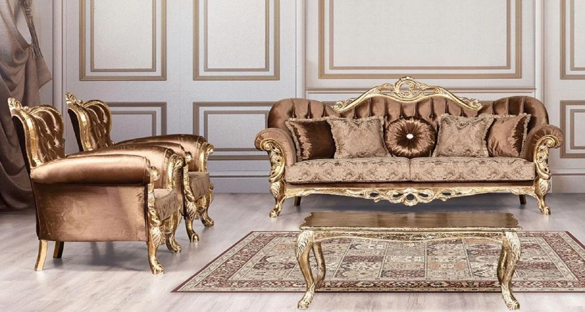 Luxus Barock Wohnzimmer Set Braun / Antik Gold - 2 Barock Sofas mit Muster & 2 Barock Sessel mit Muster & 1 Barock Couchtisch - Barock Wohnzimmer Möbel