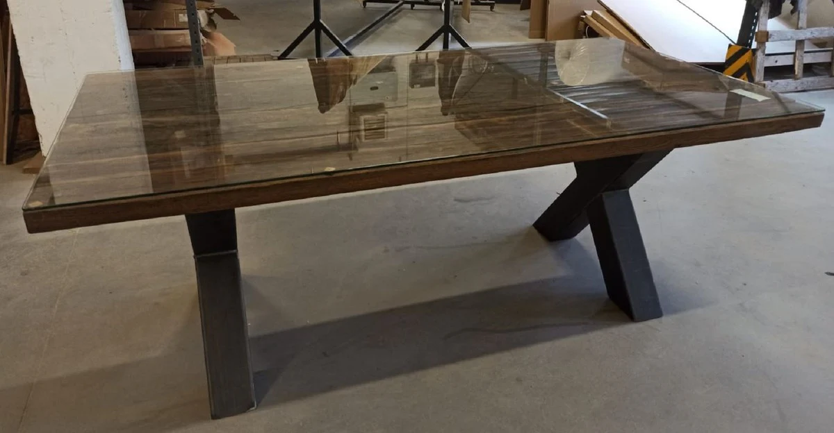 Country house style dining table with glass top brown / black 200 cm - Rustic dining room furniture