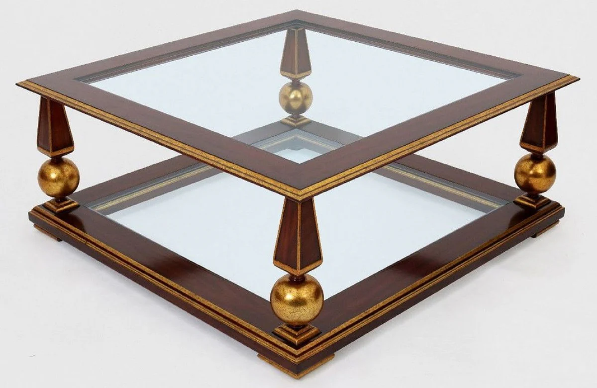 Luxury baroque coffee table dark brown / antique gold 113 x 113 x H. 47 cm - magnificent solid wood living room table with glass tops - baroque living room furniture