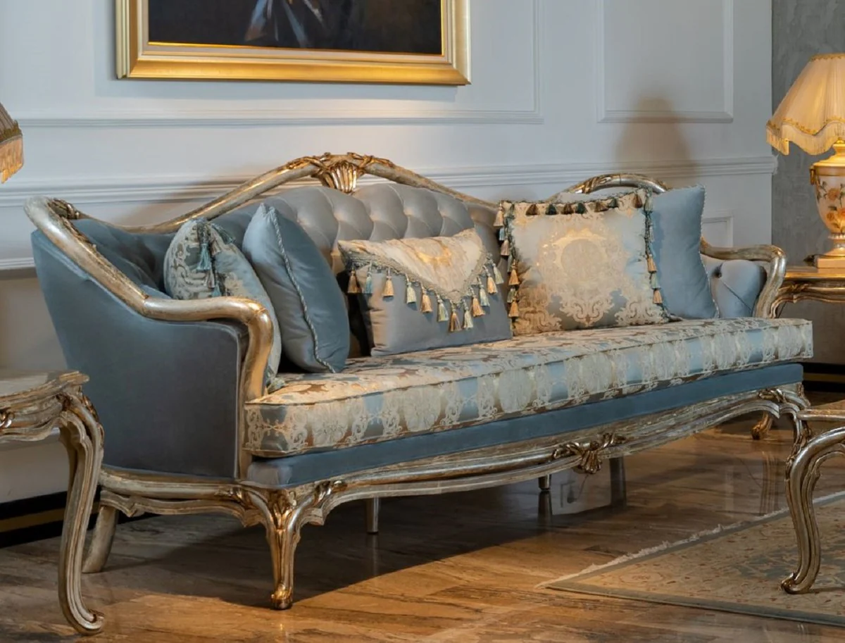 Luxury Baroque Sofa Light Blue / Silver / Gold - Handmade Living Room Sofa in Baroque Style - Baroque Living Room Furniture