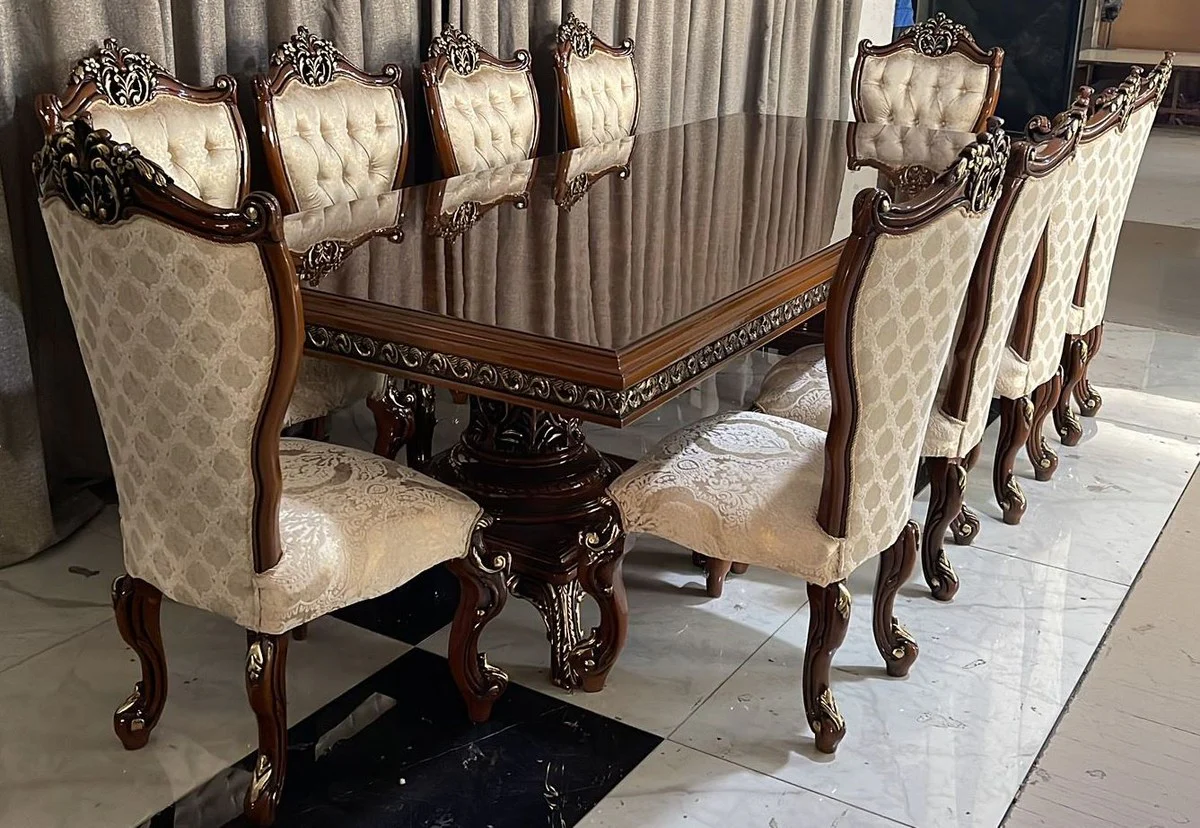Luxury Baroque Dining Room Set Brown / Gold - 1 Baroque Dining Table & 10 Baroque Dining Room Chairs - Baroque Dining Room Furniture - Luxury Dining Room Furniture in Baroque Style - Noble & Magnificent