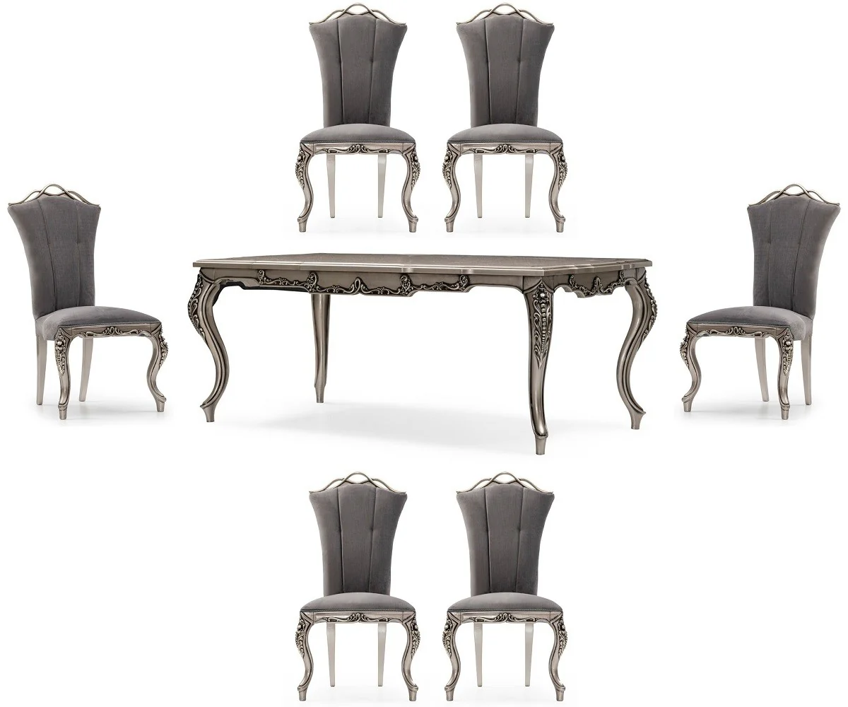 Luxury Baroque Dining Room Set Gray / Silver - 1 Baroque Dining Table & 6 Baroque Dining Chairs - Luxury Dining Room Furniture in Baroque Style - Magnificent Baroque Dining Room Furniture