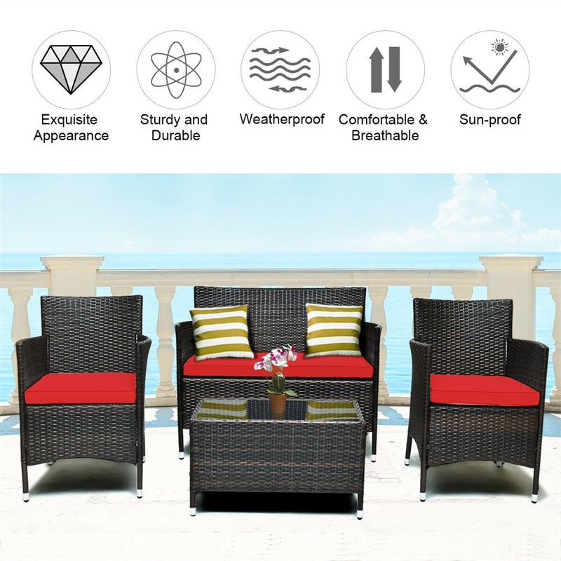 4 Pcs Outdoor Rattan Patio Conversation Set Wicker Furniture Set with Coffee Table and Cushion Sofas