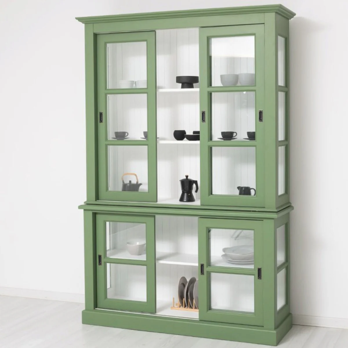 Country house style display cabinet with 6 sliding doors green / white 151 x 47 x H. 220 cm