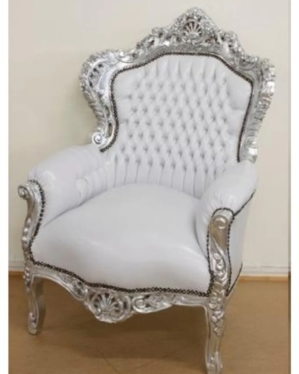 Baroque sofa set white leather look / silver + 2 armchairs - living room baroque