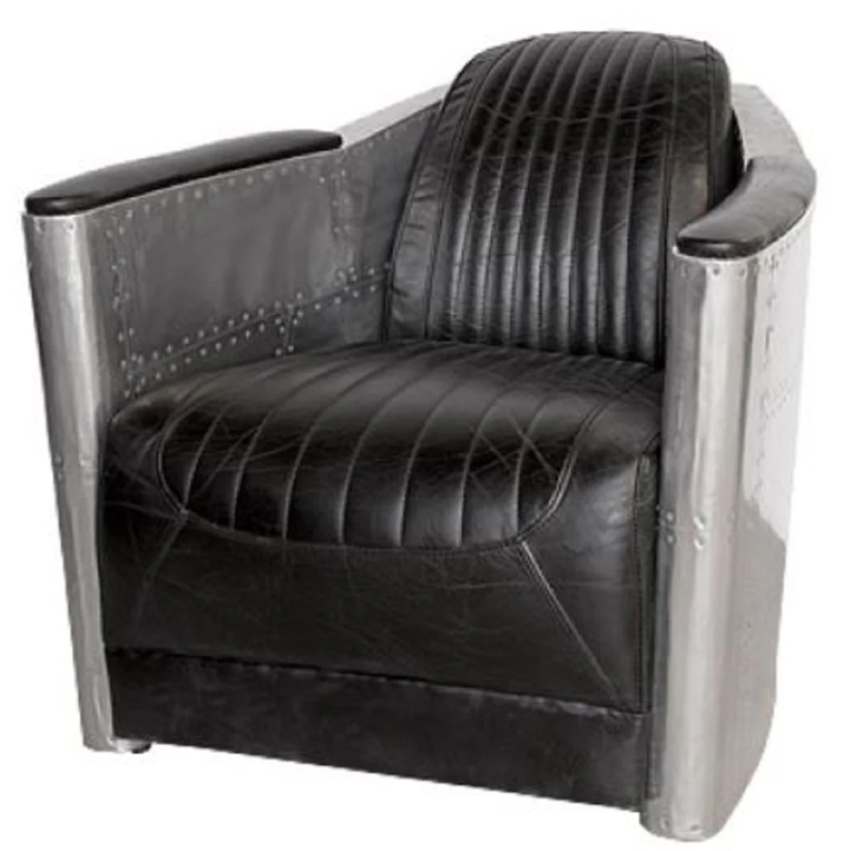 Art Deco aluminum genuine leather armchair black / silver 74.5 x 94 x H. 78 cm - club armchair - lounge armchair - airplane aviator furniture