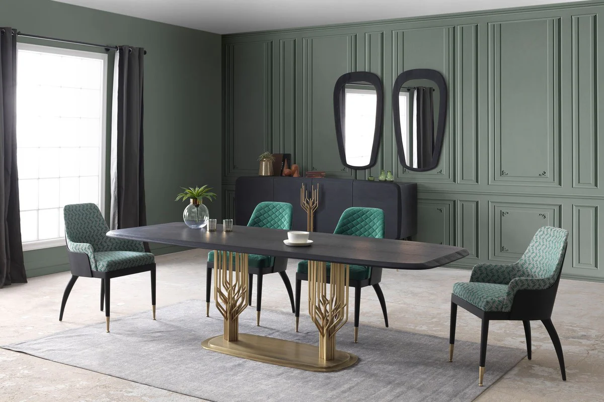Luxury dining room chair set of 6 with armrests green pattern / black / brass 55 x 59 x H. 88 cm - dining room furniture - restaurant furniture - dining room furnishings - luxury furniture