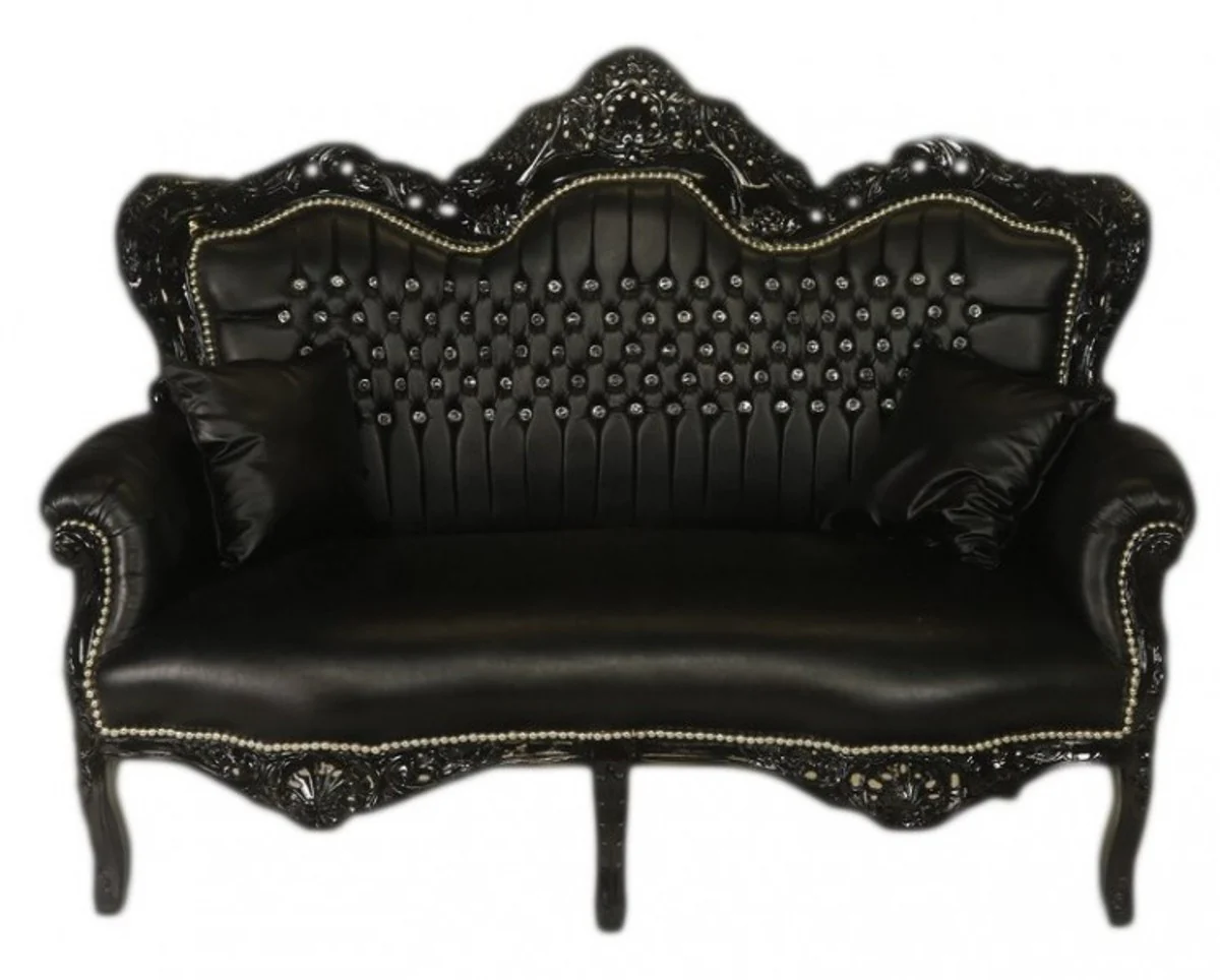 Baroque 2-seater sofa Master black leather look / black with bling bling glitter stones - living room couch furniture lounge