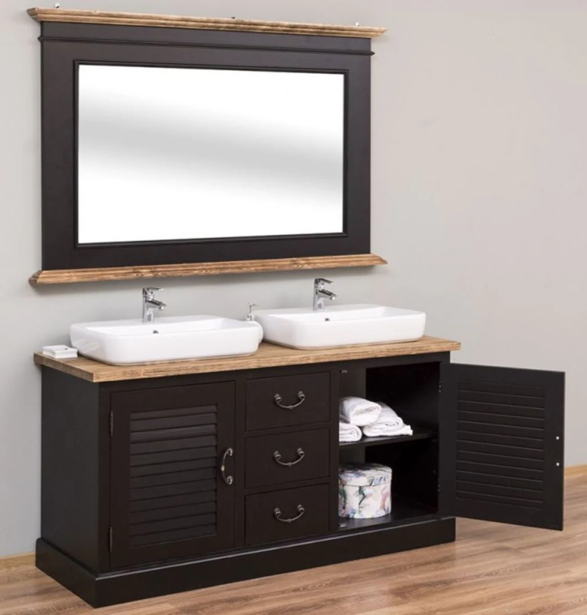 Country house style bathroom set black / natural colors - 1 double washbasin & 1 wall mirror - country house style bathroom furniture