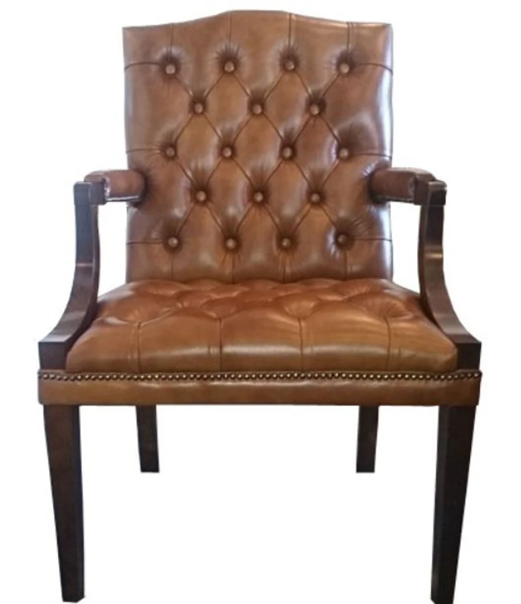 Real leather dining chair with armrests in brown / dark brown 60 x 60 x H. 100 cm - Chesterfield furniture