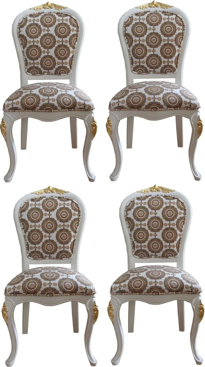 Pompöös by Luxury Baroque Dining Room Chairs with Crown White / Gold - Pompöös Baroque Chairs designed by Harald Glööckler - 4 Dining Room Chairs - Baroque Dining Room Furniture