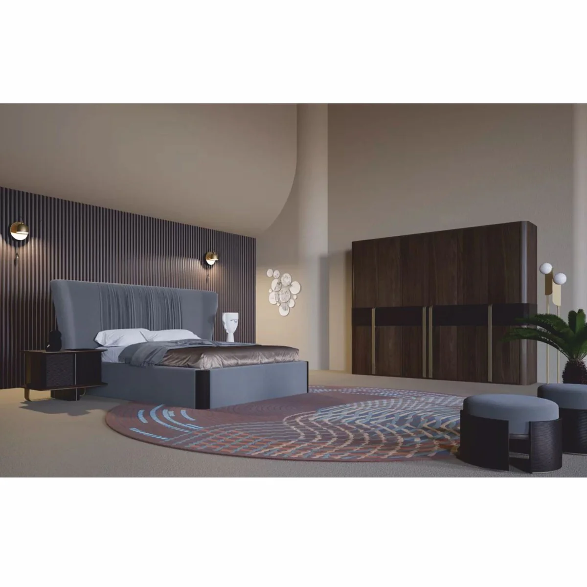 Luxus Schlafzimmerschrank Braun / Dunkelbraun / Messing 280 x 65 x H. 228 cm