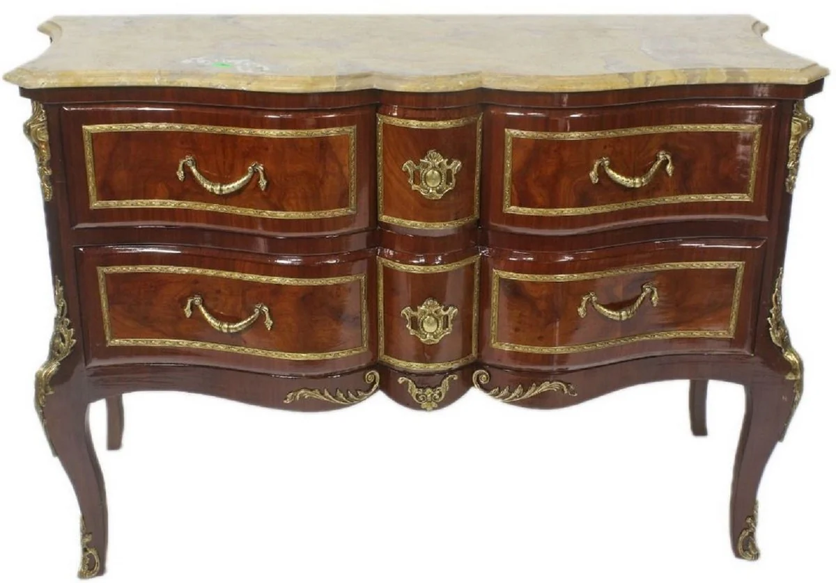 Baroque chest of drawers brown / gold / cream 120 x 50 x H. 80 cm - Elegant solid wood chest of drawers with drawers and marble top - Furniture in the baroque style