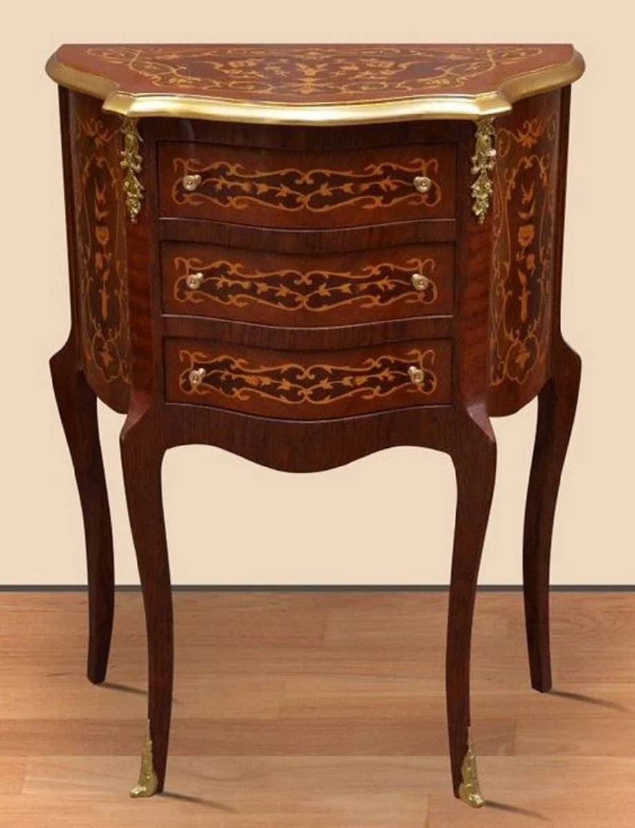 Baroque night dresser dark brown inlaid / gold - handmade solid wood chest of drawers in baroque style - antique style bedside table - side table with 3 drawers - baroque furniture