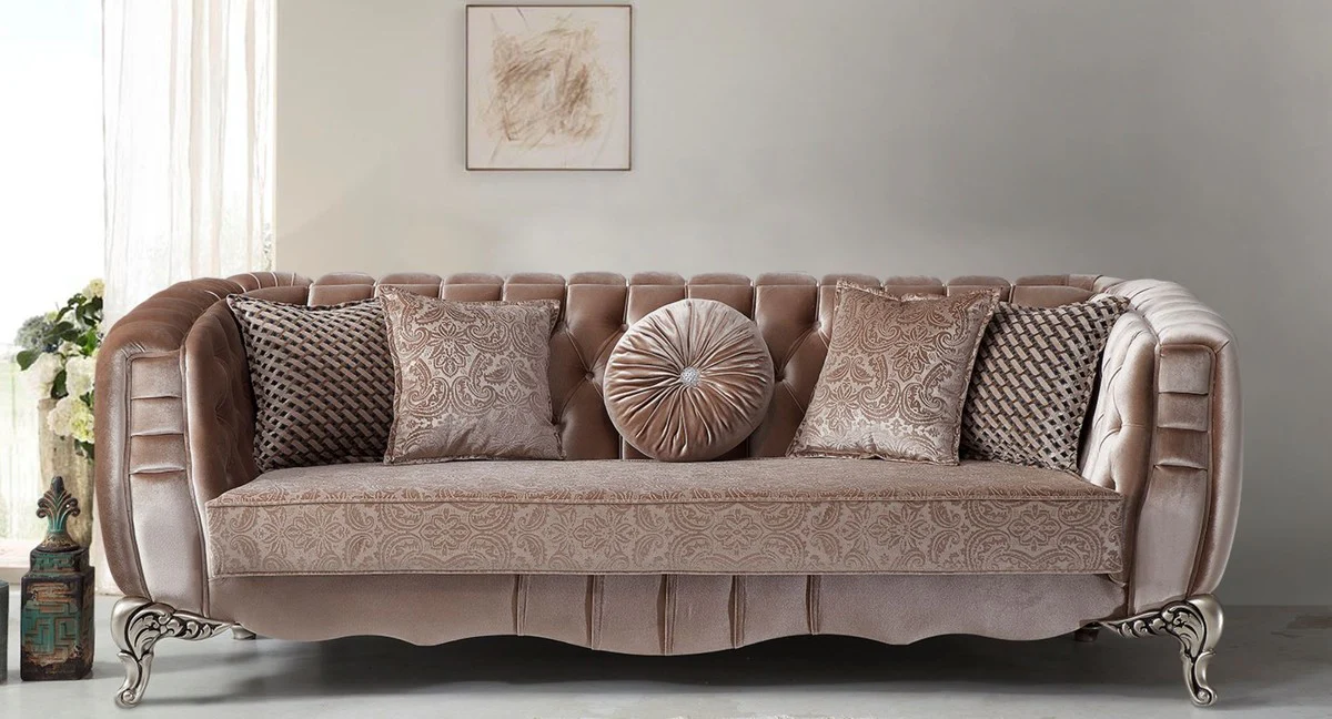 Luxury baroque sofa pink / silver 235 x 103 x H. 82 cm - Baroque style living room sofa with decorative pillows - Baroque living room furniture