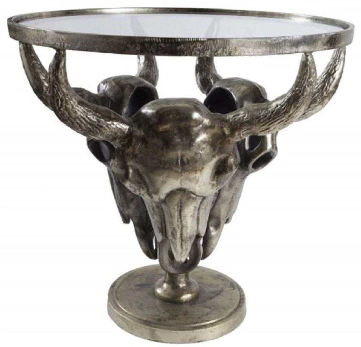 Designer coffee table antique bronze Ø 56 x H. 53 cm - Round living room table with 3 decorative bull heads and glass top - Living room furniture