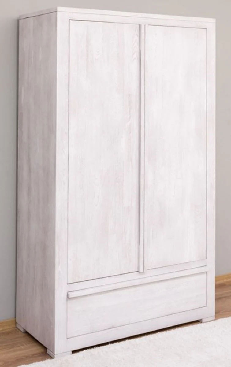 Country house style wardrobe white 110 x 53 x H. 190 cm - solid wood bedroom wardrobe with 2 doors and drawer - country house style bedroom furniture
