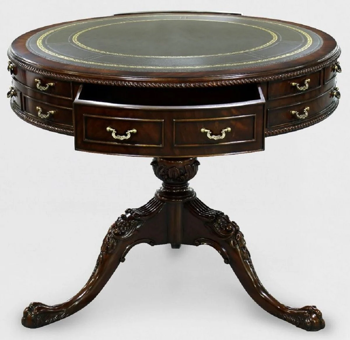 Luxury Baroque side table brown / green / gold Ø 91 x H. 76 cm - Round mahogany table with 14 drawers and real leather - Baroque mahogany furniture