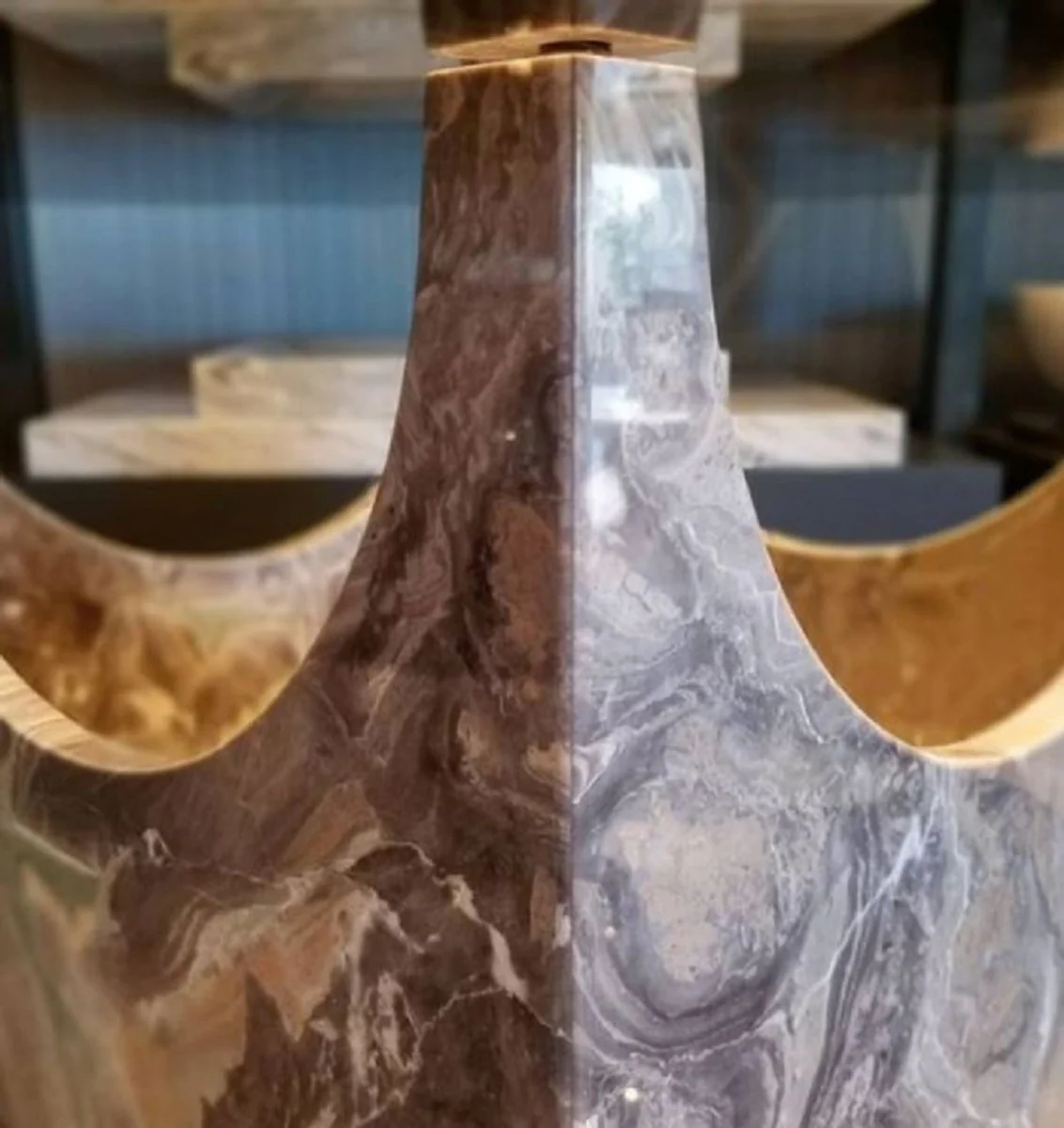 Luxury marble coffee table with glass top gray / bronze color Ø 90 x H. 43 cm - Round living room table made of high-quality marble - Luxury living room furniture