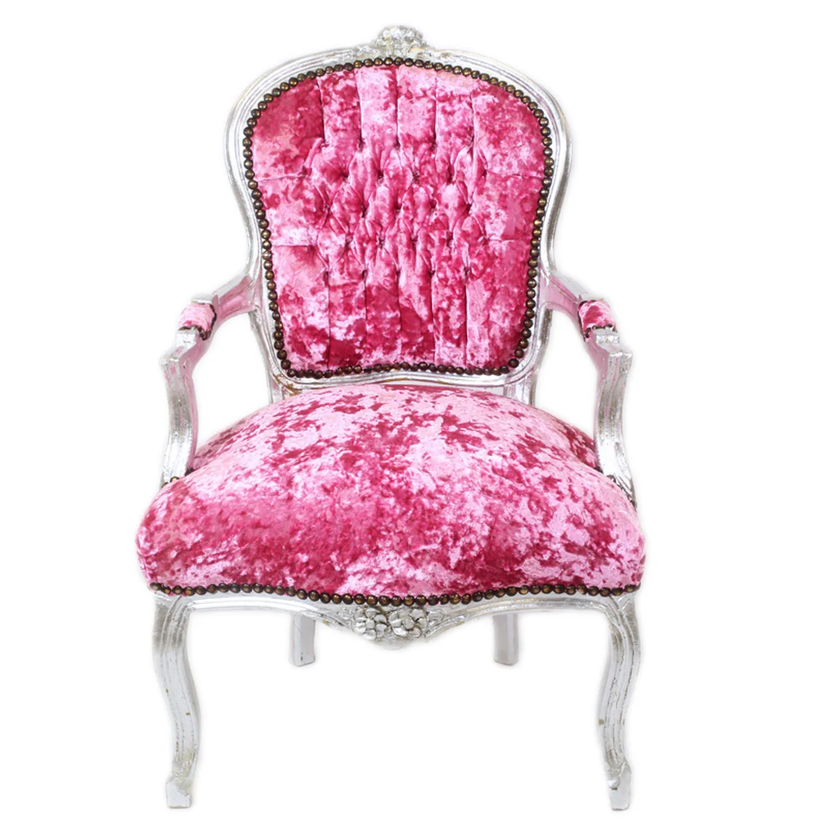 Baroque Salon Chair Pink Velor Fabric / Silver - Antique Design Furniture