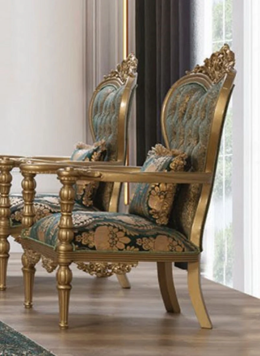 Luxury Baroque Living Room Set Green / Gold - 2 Sofas & 2 Armchairs & 1 Coffee Table - Living Room Furniture in Baroque Style - Noble & Magnificent