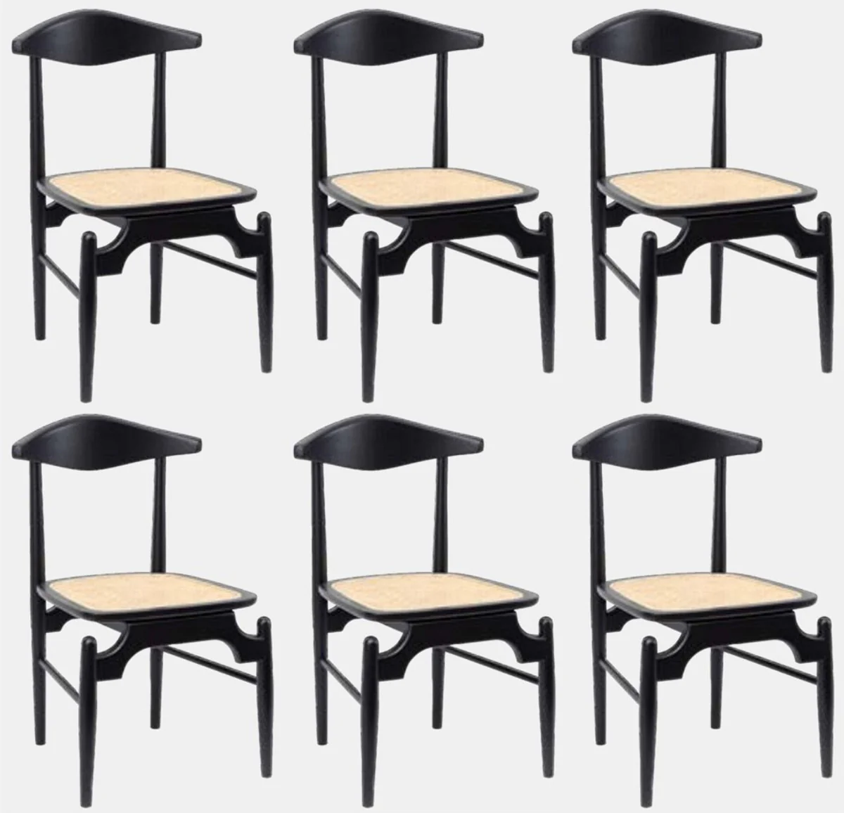 Luxury dining room chair set of 6 black / natural colors 53 x 54 x H. 85 cm - Luxury solid wood kitchen chairs with rattan seat - Dining room furniture - Kitchen furniture - Luxury furniture
