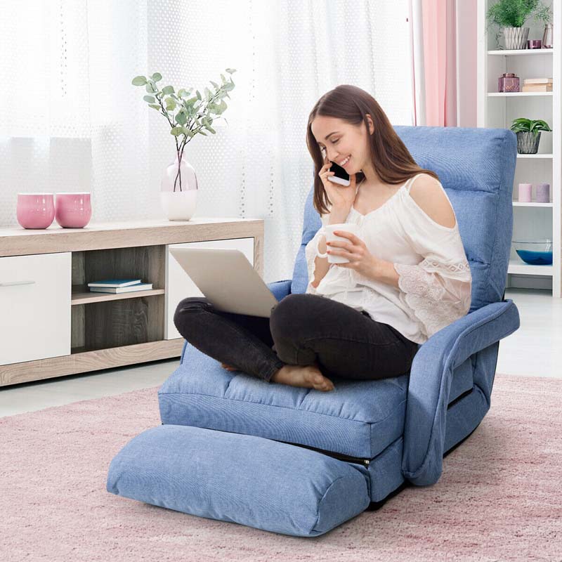 Foldable Massage Floor Chair Recliner, Single Lazy Sofa with Ergonomic Armrest, Adjustable 5 Backrest Position & Detachable Mat