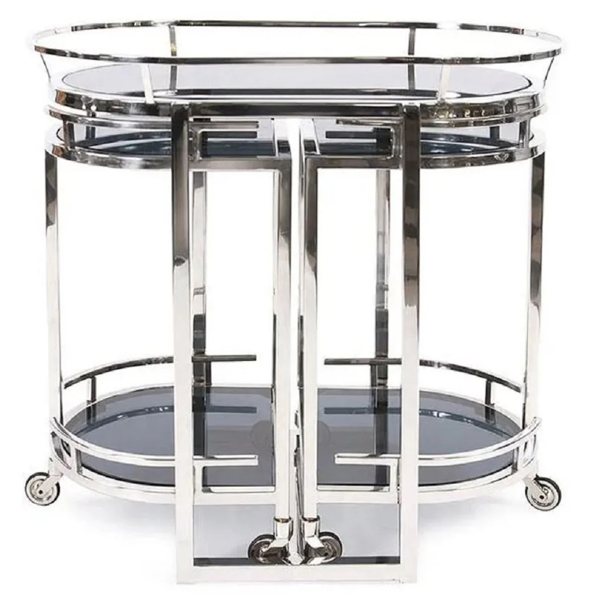 Servierwagen Silber / Schwarz 79 x 46 x H. 84 cm - Ovaler Metall Trolley mit Glasplatten - Hotel Restaurant Gastronomie Trolley - Hotel & Restaurant Accessoires