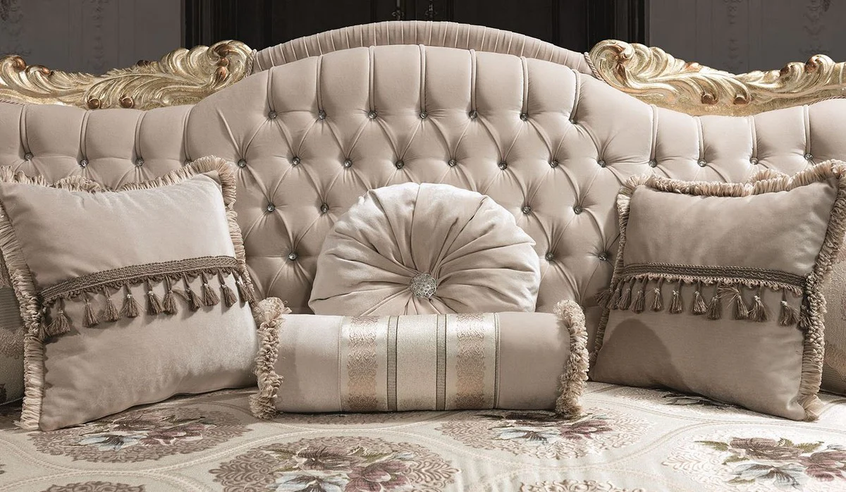 Luxury baroque sofa with rhinestones and decorative pillows beige / gold 230 x 85 x H. 110 cm - baroque living room furniture