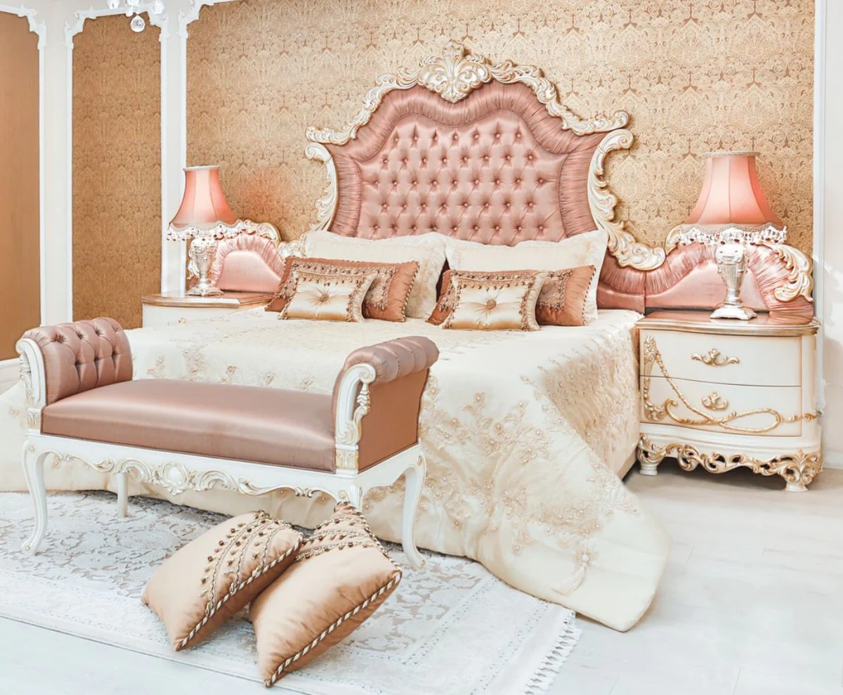 Luxury Baroque Bedroom Set Pink / White / Cream / Copper Colors - 1 Double Bed with Headboard & 2 Bedside Tables & 1 Bench - Baroque Bedroom Furniture - Noble & Magnificent