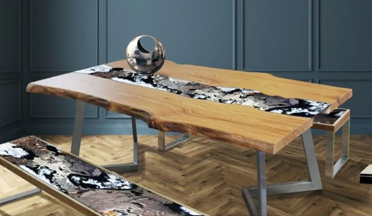 Luxury dining table natural colors / multicolored / silver 200 x 100 x H. 75 cm - modern solid wood table with elegant lava stone and stainless steel frame - dining room furniture - luxury quality