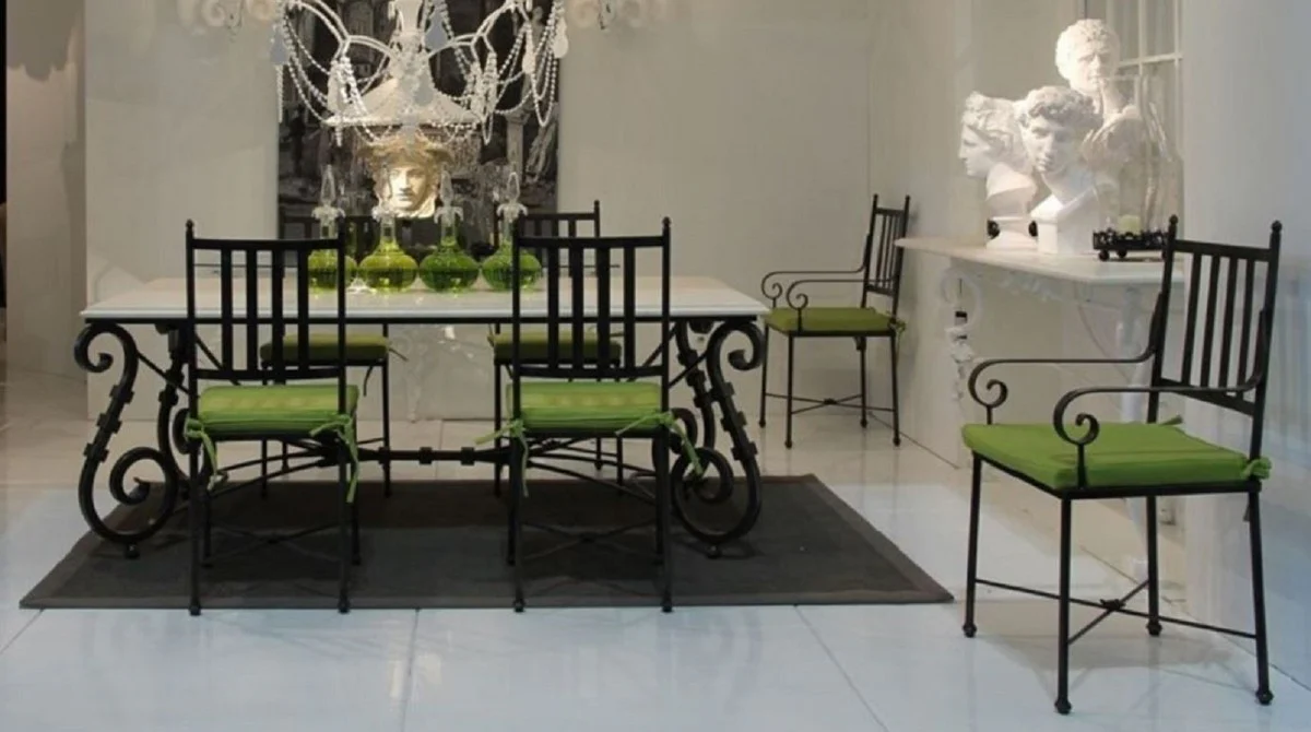 Luxury Art Nouveau garden chair set with armrests and seat cushions black / green 47 x 50 x H. 103 cm - Hand-forged dining room chairs - Dining room garden patio furniture