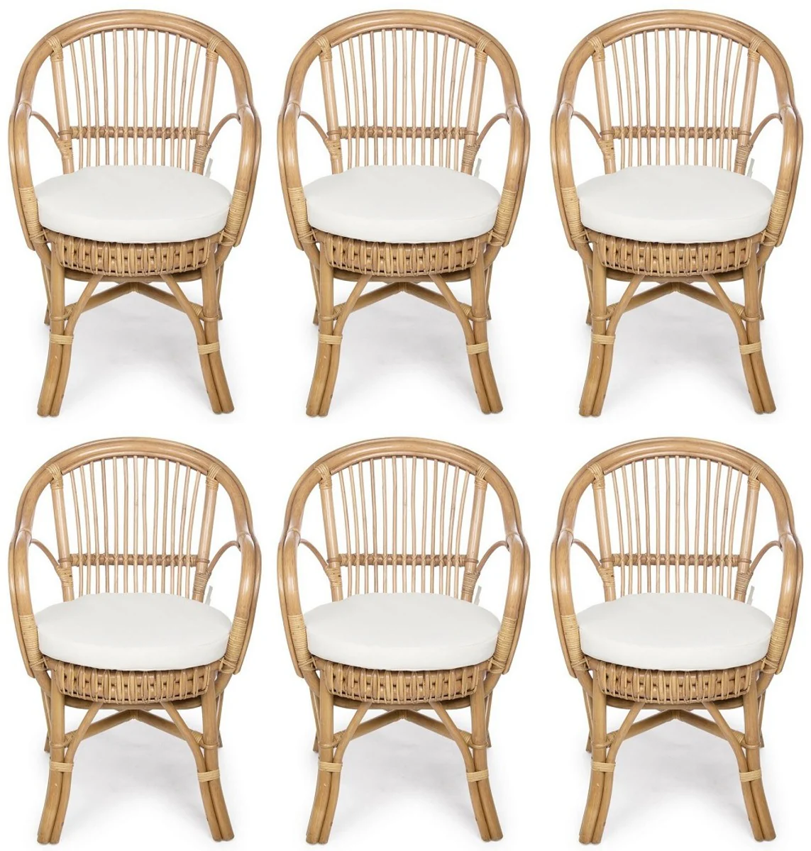 Luxury garden chair set of 6 natural colors / white 57 x 61 x H. 80 cm - Rattan chairs with armrests and seat cushions - Modern rattan garden and patio furniture