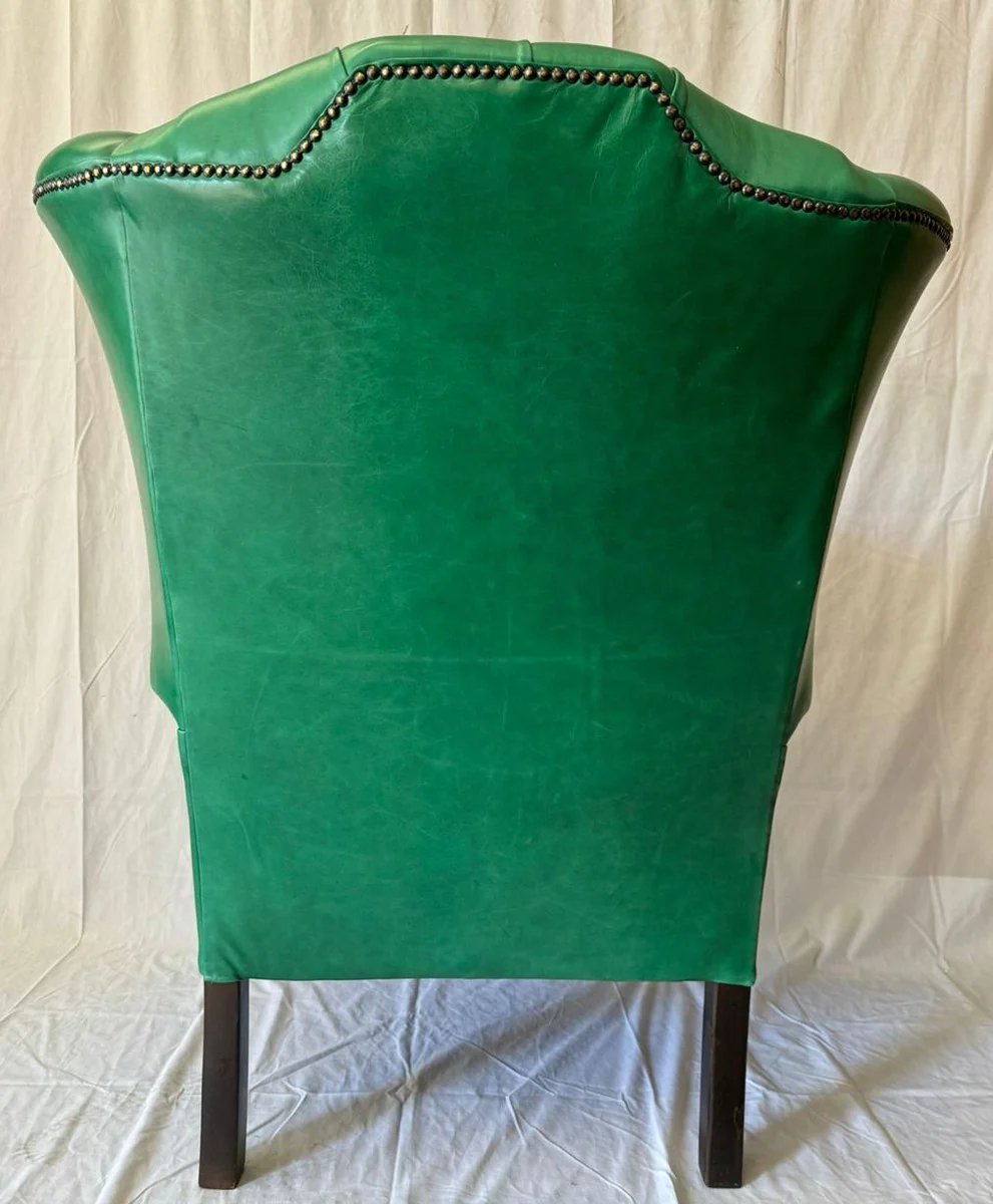 Luxury Chesterfield genuine leather wing chair green / dark brown H. 110 cm