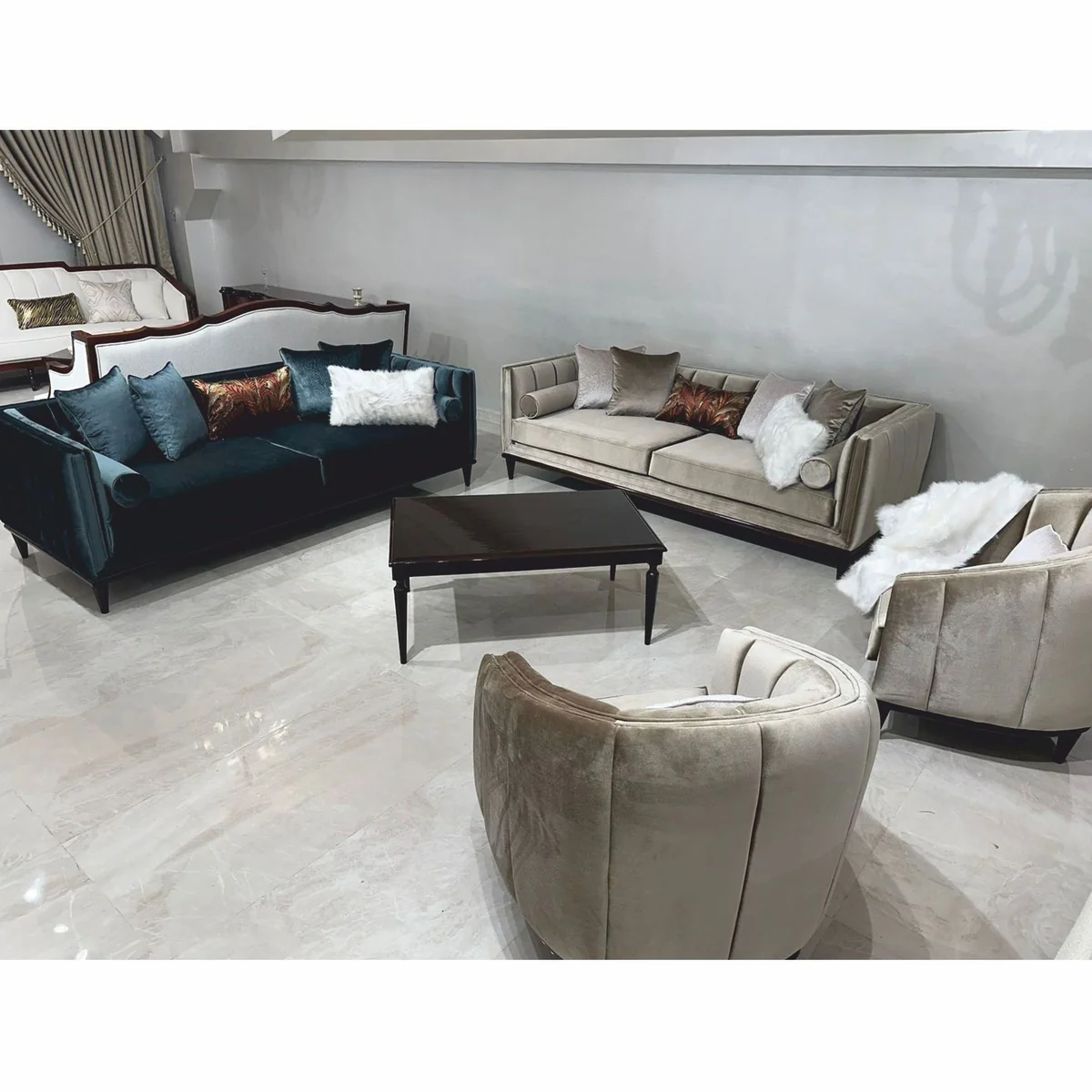 Luxury Art Deco Velvet Sofa Olive Green / Dark Brown 235 cm - Living Room Furniture